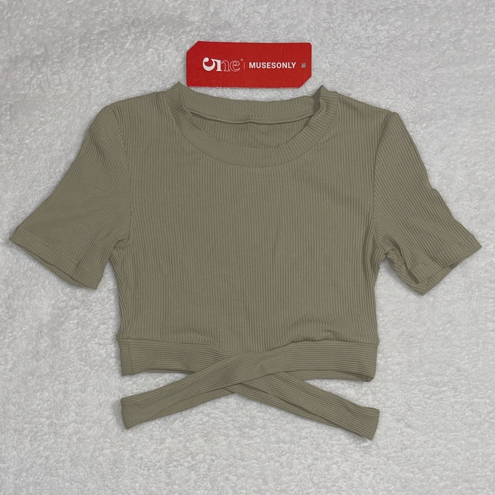 Muse Olive Ribbed Short Sleeve Crop Top